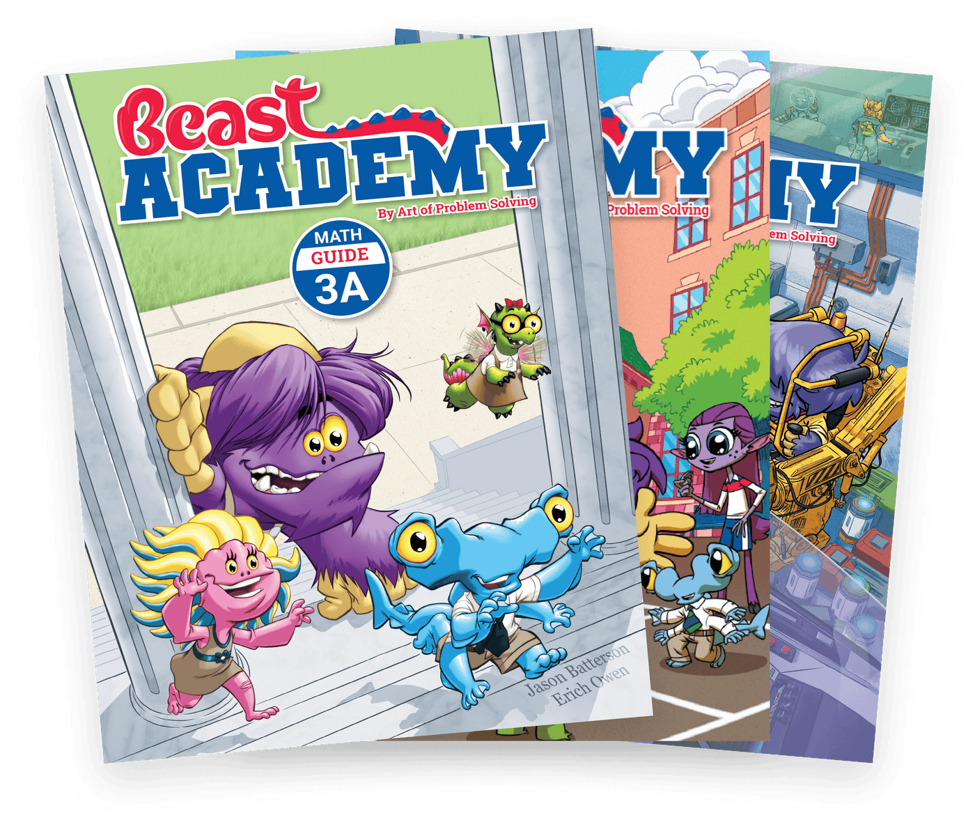 Display of three Beast Academy math comic-book-style textbooks for elementary school